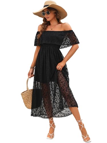 Atnlewhi Damen Vintage Off Shoulder A-Linie Maxi Kleid Spitzenkleid Brautjungfer Abendkleid Ballkleid Cocktailkleider - Schwarz - S von Atnlewhi