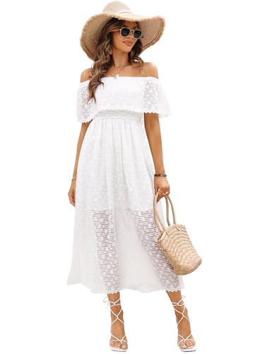 Atnlewhi Damen Vintage Off Shoulder A-Linie Maxi Kleid Spitzenkleid Brautjungfer Abendkleid Ballkleid Cocktailkleider - Weiß - XL von Atnlewhi