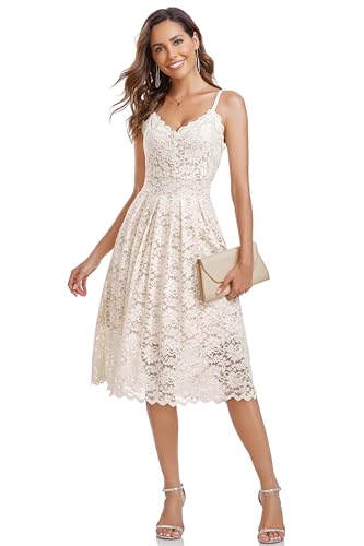 Atnlewhi Damen Vintage ärmellosen V-Ausschnitt A-Linie Kleid Blumen Knielang Spitzenkleid Brautjungfer Elegante Cocktailkleider - Aprikosenfarbe - XL von Atnlewhi