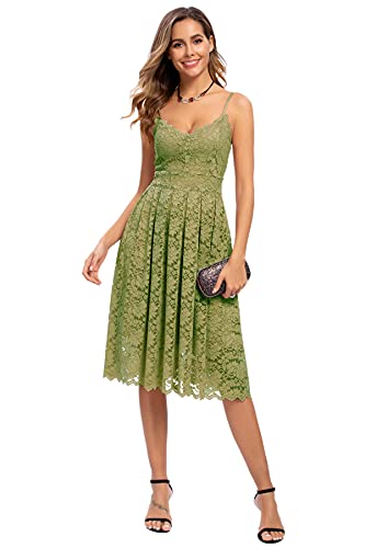 Atnlewhi Damen Vintage ärmellosen V-Ausschnitt A-Linie Kleid Blumen Knielang Spitzenkleid Brautjungfer Elegante Cocktailkleider - Armeegrün - XL von Atnlewhi