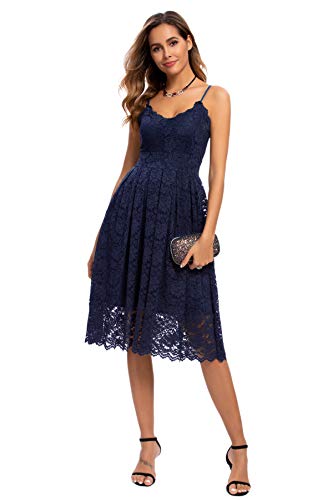 Atnlewhi Damen Vintage ärmellosen V-Ausschnitt A-Linie Kleid Blumen Knielang Spitzenkleid Brautjungfer Elegante Cocktailkleider - Dunkelblau - M von Atnlewhi