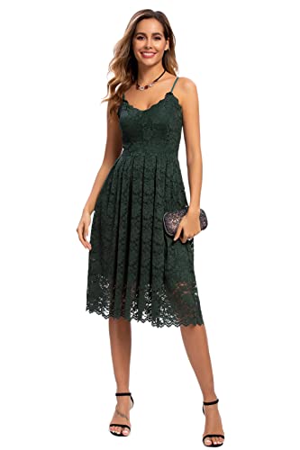 Atnlewhi Damen Vintage ärmellosen V-Ausschnitt A-Linie Kleid Blumen Knielang Spitzenkleid Brautjungfer Elegante Cocktailkleider - Dunkelgrün - S von Atnlewhi