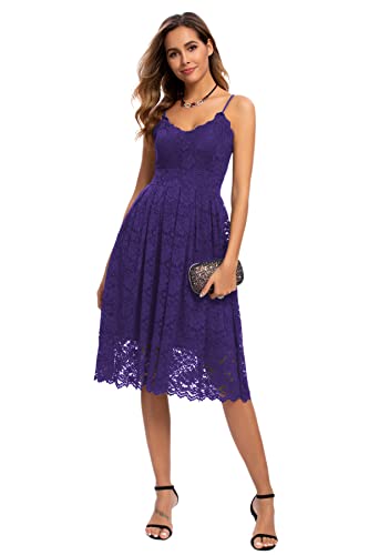 Atnlewhi Damen Vintage ärmellosen V-Ausschnitt A-Linie Kleid Blumen Knielang Spitzenkleid Brautjungfer Elegante Cocktailkleider - Dunkelviolet - L von Atnlewhi