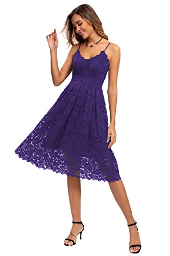 Atnlewhi Damen Vintage ärmellosen V-Ausschnitt A-Linie Kleid Blumen Knielang Spitzenkleid Brautjungfer Elegante Cocktailkleider - Dunkelviolet - L von Atnlewhi