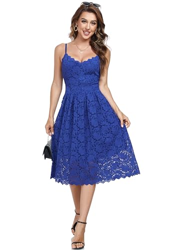 Atnlewhi Damen Vintage ärmellosen V-Ausschnitt A-Linie Kleid Blumen Knielang Spitzenkleid Brautjungfer Elegante Cocktailkleider - Farbe Blau - S von Atnlewhi