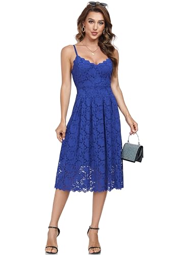 Atnlewhi Damen Vintage ärmellosen V-Ausschnitt A-Linie Kleid Blumen Knielang Spitzenkleid Brautjungfer Elegante Cocktailkleider - Farbe Blau - XL von Atnlewhi