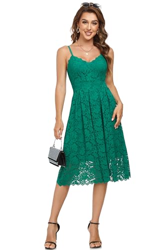 Atnlewhi Damen Vintage ärmellosen V-Ausschnitt A-Linie Kleid Blumen Knielang Spitzenkleid Brautjungfer Elegante Cocktailkleider - Grasgrün - XL von Atnlewhi