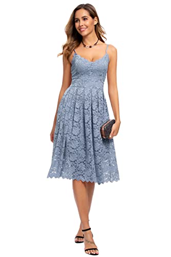 Atnlewhi Damen Vintage ärmellosen V-Ausschnitt A-Linie Kleid Blumen Knielang Spitzenkleid Brautjungfer Elegante Cocktailkleider - Hellblau - L von Atnlewhi