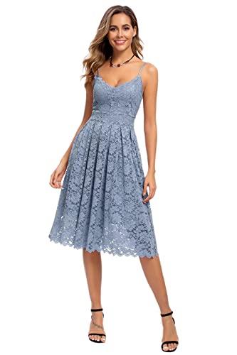 Atnlewhi Damen Vintage ärmellosen V-Ausschnitt A-Linie Kleid Blumen Knielang Spitzenkleid Brautjungfer Elegante Cocktailkleider - Hellblau - M von Atnlewhi