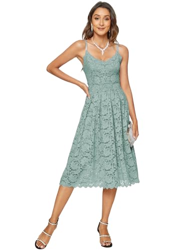 Atnlewhi Damen Vintage ärmellosen V-Ausschnitt A-Linie Kleid Blumen Knielang Spitzenkleid Brautjungfer Elegante Cocktailkleider - Hellgrün - M von Atnlewhi