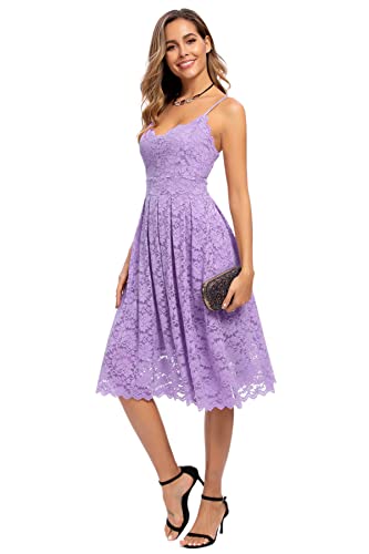 Atnlewhi Damen Vintage ärmellosen V-Ausschnitt A-Linie Kleid Blumen Knielang Spitzenkleid Brautjungfer Elegante Cocktailkleider - Hellviolett - L von Atnlewhi