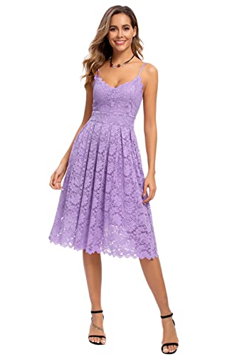 Atnlewhi Damen Vintage ärmellosen V-Ausschnitt A-Linie Kleid Blumen Knielang Spitzenkleid Brautjungfer Elegante Cocktailkleider - Hellviolett - M von Atnlewhi