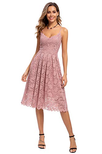 Atnlewhi Damen Vintage ärmellosen V-Ausschnitt A-Linie Kleid Blumen Knielang Spitzenkleid Brautjungfer Elegante Cocktailkleider - Rosa - L von Atnlewhi