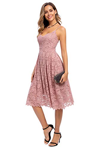 Atnlewhi Damen Vintage ärmellosen V-Ausschnitt A-Linie Kleid Blumen Knielang Spitzenkleid Brautjungfer Elegante Cocktailkleider - Rosa - M von Atnlewhi