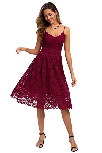 Atnlewhi Damen Vintage ärmellosen V-Ausschnitt A-Linie Kleid Blumen Knielang Spitzenkleid Brautjungfer Elegante Cocktailkleider - Rotwein - L von Atnlewhi