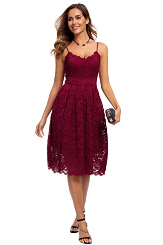 Atnlewhi Damen Vintage ärmellosen V-Ausschnitt A-Linie Kleid Blumen Knielang Spitzenkleid Brautjungfer Elegante Cocktailkleider - Rotwein - M von Atnlewhi