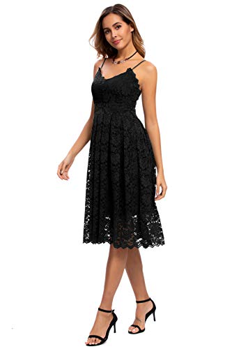 Atnlewhi Damen Vintage ärmellosen V-Ausschnitt A-Linie Kleid Blumen Knielang Spitzenkleid Brautjungfer Elegante Cocktailkleider - Schwarz - L von Atnlewhi