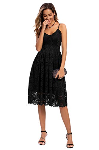 Atnlewhi Damen Vintage ärmellosen V-Ausschnitt A-Linie Kleid Blumen Knielang Spitzenkleid Brautjungfer Elegante Cocktailkleider - Schwarz - S von Atnlewhi