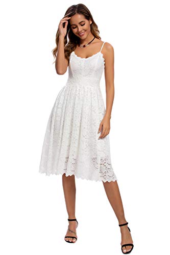 Atnlewhi Damen Vintage ärmellosen V-Ausschnitt A-Linie Kleid Blumen Knielang Spitzenkleid Brautjungfer Elegante Cocktailkleider - Weiß - S von Atnlewhi
