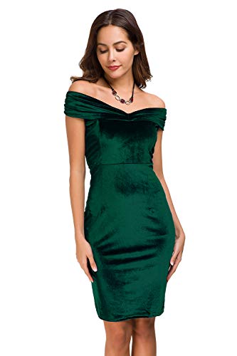 Damen Vintage Off Shoulder Samt Figurbetontes Kleid Sexy Midi Bleistiftkleid für Party Cocktail formelle Abend Hochzeit - Grün - Mittel von Atnlewhi