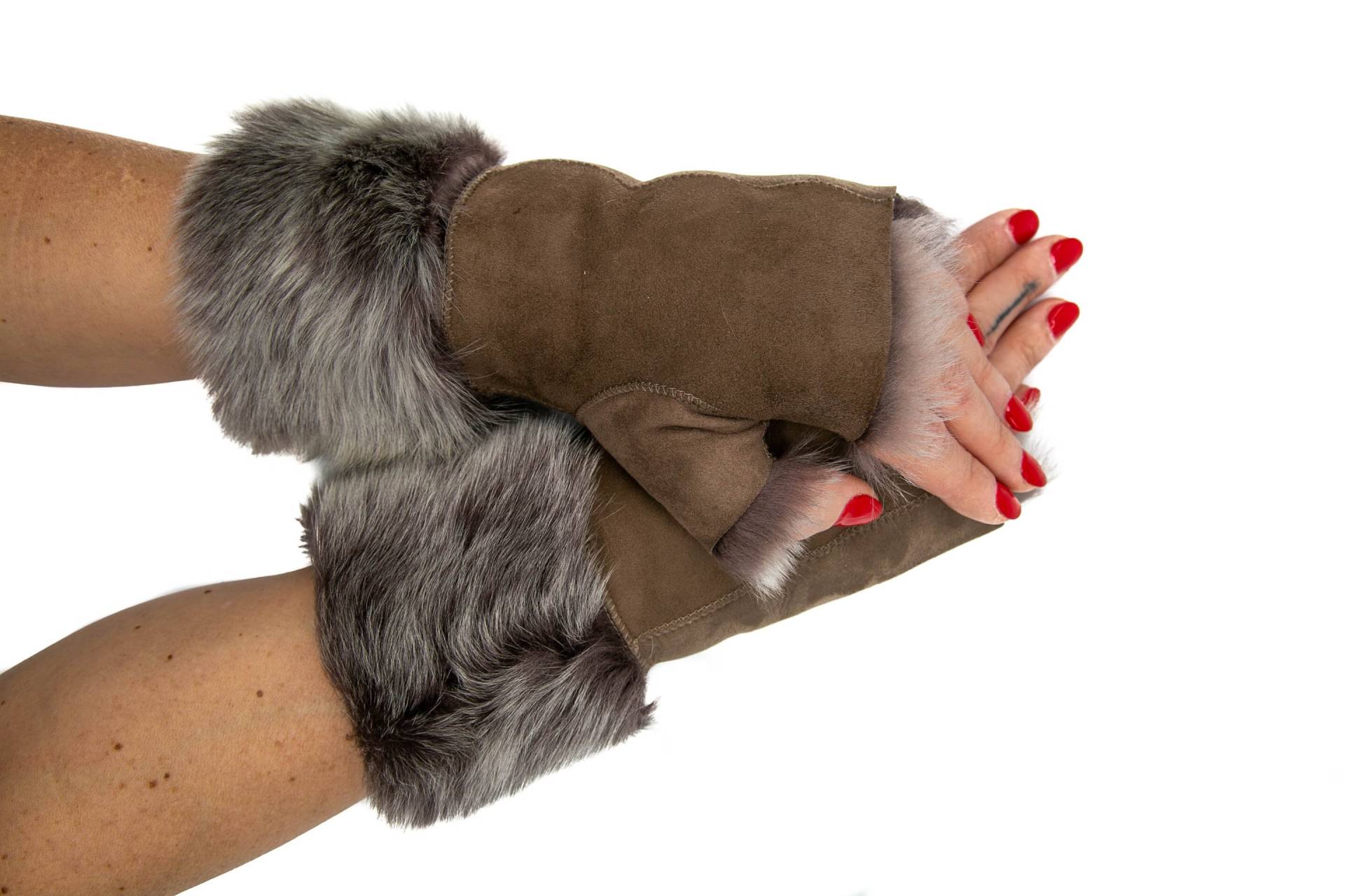 Damen Taupe Silber Wildleder Luxus Toscana Winter Fingerlose Handschuhe - One Size von AtoZLeather