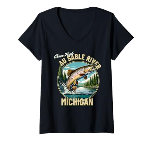 Damen Au Sable River Fishing Adventure Michigan Outdoor T-Shirt mit V-Ausschnitt Damen Au Sable River Fishing Adventure Michigan Outdoor T-Shirt mit V-Ausschnitt von Atomic Gorilla