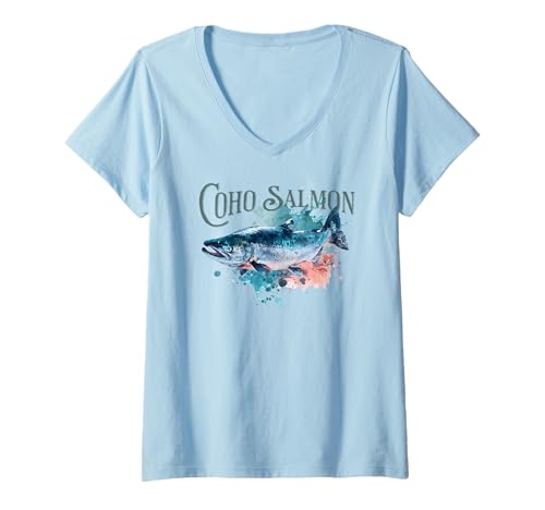 Damen COHO Lachsangeln Abenteuer Wild Süßwasser Fang T-Shirt mit V-Ausschnitt Damen COHO Lachsangeln Abenteuer Wild Süßwasser Fang T-Shirt mit V-Ausschnitt von Atomic Gorilla