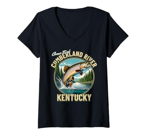 Damen Cumberland River Fishing Adventure Kentucky Outdoor T-Shirt mit V-Ausschnitt von Atomic Gorilla