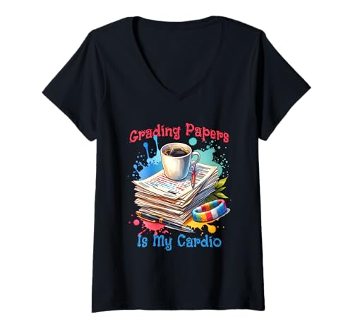 Damen Grading Papers Is My Cardio - Funny Teacher Coffee T-Shirt mit V-Ausschnitt von Atomic Gorilla