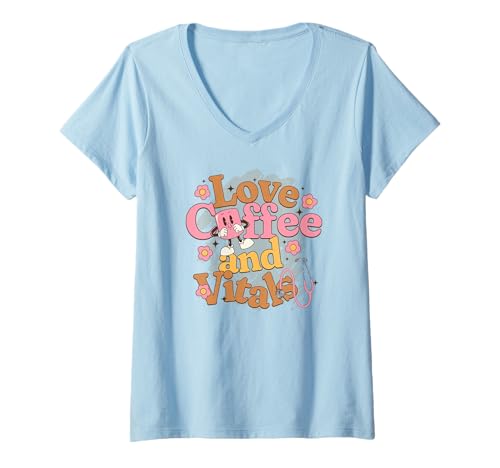 Damen Love Coffee and Vitals Krankenschwester, niedliches medizinisches Design T-Shirt mit V-Ausschnitt Damen Love Coffee and Vitals Krankenschwester, niedliches medizinisches Design T-Shirt mit V-Ausschnitt von Atomic Gorilla