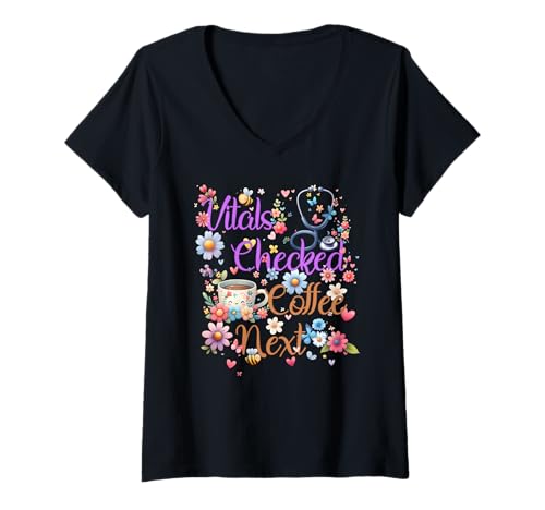Damen Vitals Karierter Kaffee Next Design Cute Nurse Floral T-Shirt mit V-Ausschnitt Damen Vitals Karierter Kaffee Next Design Cute Nurse Floral T-Shirt mit V-Ausschnitt von Atomic Gorilla