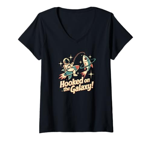 Damen Retro-Weltraum-Astronaut Fishing Atomic, süchtig nach der Galaxie T-Shirt mit V-Ausschnitt Damen Retro-Weltraum-Astronaut Fishing Atomic, süchtig nach der Galaxie T-Shirt mit V-Ausschnitt von Atomic Orbit Collection