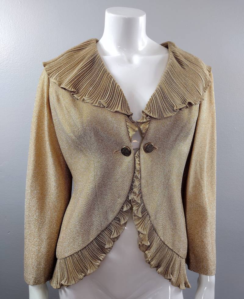 Vintage Jacke Gold Metallic Sparkle Lamé Elegante Formelle Mit Plissee Rüschen Ausschnitt Und Cut-Away High-Low Saum Größe L von AtomicKittenRetro