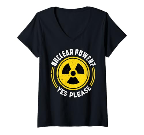 Damen ATOMKRAFT JA BITTE Aktivist Lustiges Atom Energie T-Shirt mit V-Ausschnitt von Atomkraft TShirt Atom Energie Kernkraft Aktivist