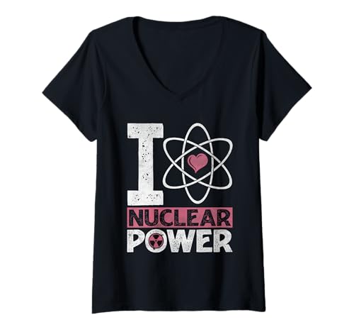 Damen Atom I LOVE NUCLAER POWER Lustig Atom Energie T-Shirt mit V-Ausschnitt von Atomkraft TShirt Atom Energie Kernkraft Aktivist