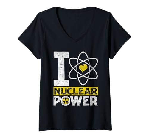 Damen Atom I LOVE NUCLAER POWER Lustig Atom Energie T-Shirt mit V-Ausschnitt von Atomkraft TShirt Atom Energie Kernkraft Aktivist