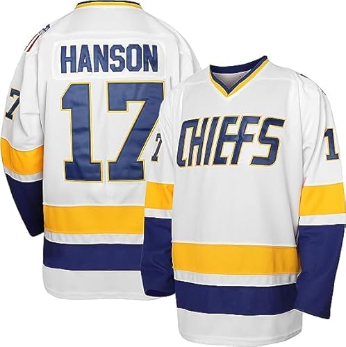 Atonmore Hanson Brothers Hockeytrikot Charlestown Chiefs 17 Steve 18 Jeff Slap Shot Movie Hockey Trikots Blau Weiß, 17-weiß, XL von Atonmore