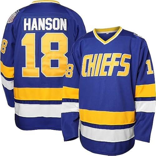 Atonmore Hanson Brothers Hockeytrikot Charlestown Chiefs 17 Steve 18 Jeff Slap Shot Movie Hockey Trikots Blau Weiß, 18-blau, XL von Atonmore