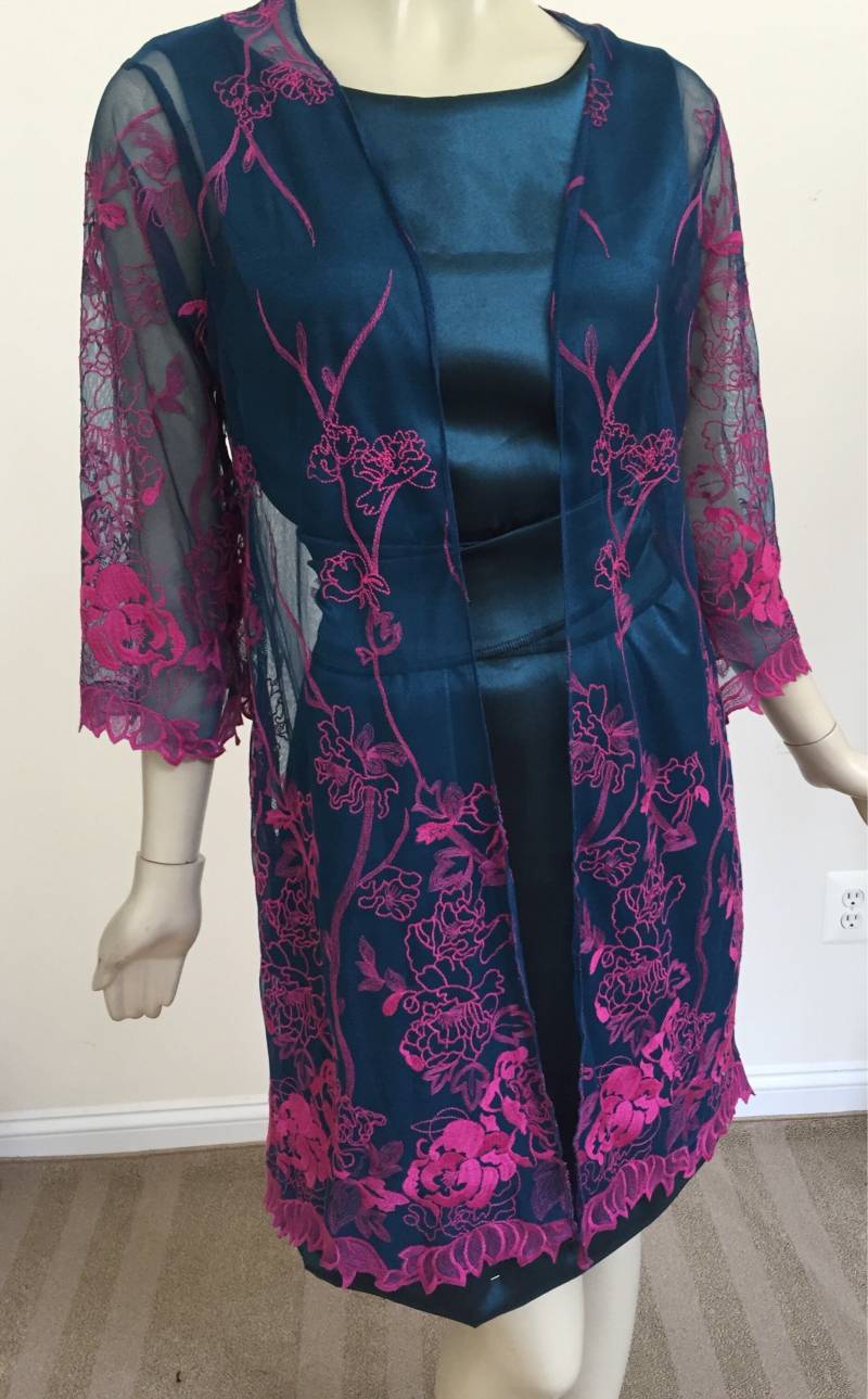 Dark Turquoise Und Fuschia Women's Dress Lace Jacket. Blau Pink Illusion Top Cover von Atooda