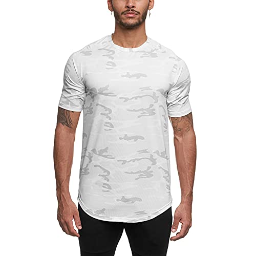 Sportshirt Herren, Fitness Kurzarm Atmungsaktiv Activewear Laufshirt Fitnessstudio Schnell Trocknend Trainings T-Shirt für Marathon Running Jogging (as3, Alpha, m, Regular, Regular, Tarnung weiß) von Atractivoll