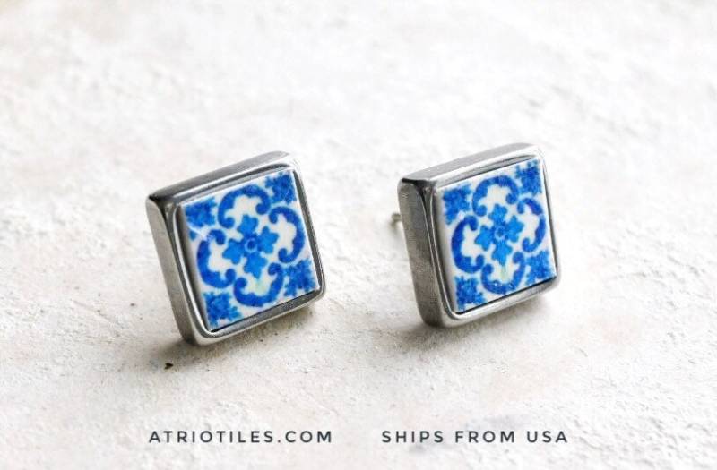 stud Ohrringe Portugal Tile Solid Edelstahl Beiträge Antike Azulejo - Braga Blau Hypo Allergenic Schiffe Aus Den Usa Gift Boxed 760 von Atrio