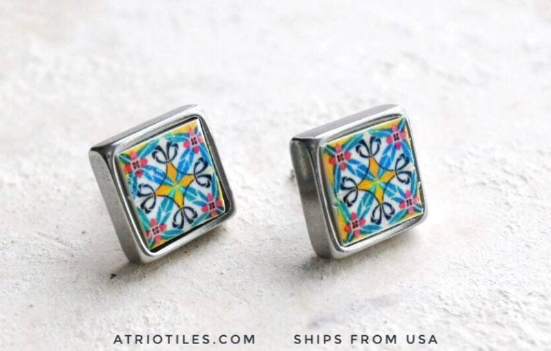 stud Ohrringe Tile Post Atrio Portugal Azulejo Portugiese Solid Edelstahl Ilhavo Aveiro Persisch Geschenkbox Inklusive 397 Usa Versand von Atrio