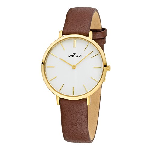 ATRIUM Damen-Armbanduhr klassisch Analog Quarz Stahl goldfarben Lederband A28-203 von Atrium