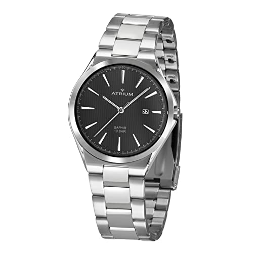 Atrium Herren-Armbanduhr Edelstahl Analog Quarz 10 bar Saphirglas mit Edelstahl Armband und Datum Anzeige silberfarben schwarz A33-31 von Atrium