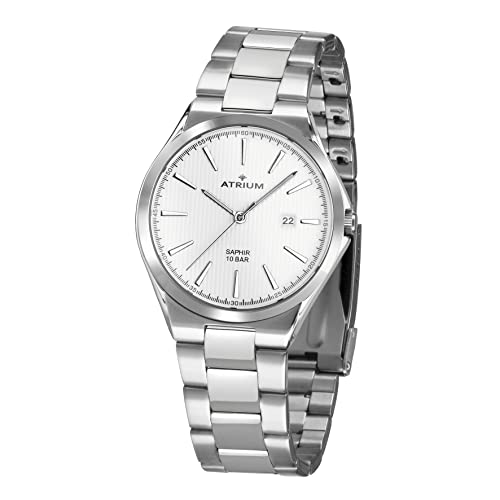 Atrium Herren-Armbanduhr Edelstahl Analog Quarz 10 bar Saphirglas mit Edelstahl Armband und Datum Anzeige silberfarben weiß A33-30 von Atrium