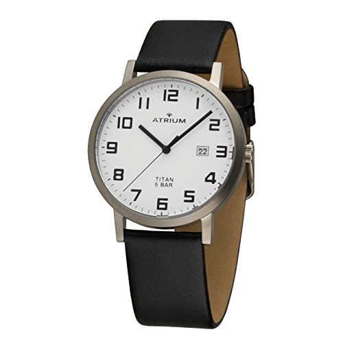 Atrium Herren-Armbanduhr Titan Analog Quarz mit Datum Anzeige und Leder Armband Schwarz A40-10 von Atrium