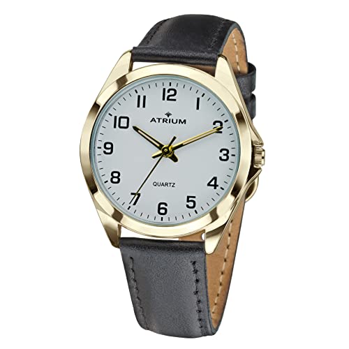 Atrium Herren Armbanduhr Klassisch Sehr Deutlich Goldfarben Analog Quarz mit Leder Armband Schwarz A10-20 von Atrium