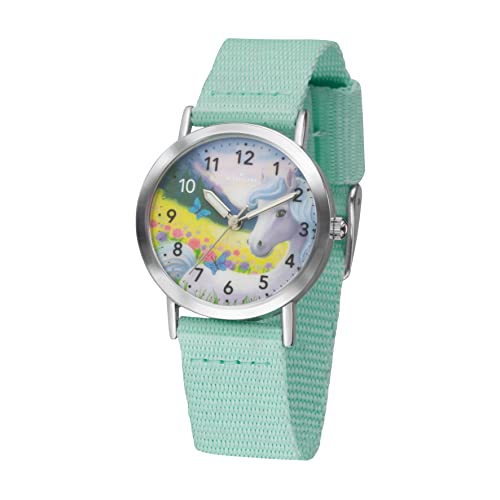 Atrium Kinder Armbanduhr Mädchen Analog Quarz mit Nylonband Textilband Mint und Motivzifferblatt Pferd Siabelle Pastellfarben A44-13 von Atrium