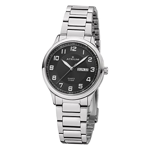 Atrium Herren-Armbanduhr Edelstahl Analog Quarz 10 bar mit Edelstahl Armband und Wochentag Datum Anzeige Silberfarben A39-31 von Atrium