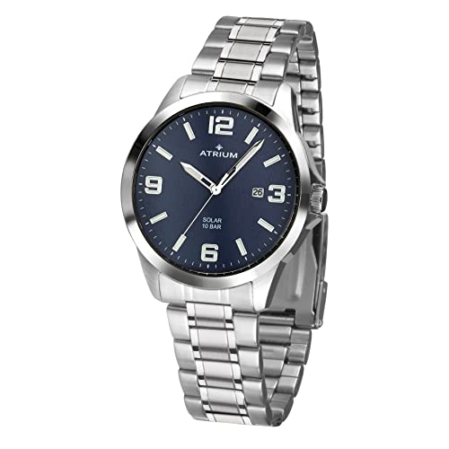 Atrium Herren-Armbanduhr Solar Edelstahl Analog 10 bar mit Edelstahl Armband und Datum Anzeige silberfarben blau A32-35 von Atrium